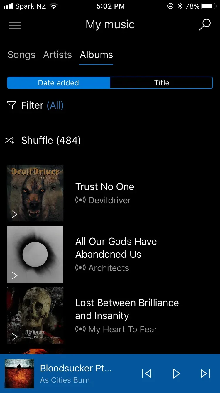Groove's My music screen on iPhone, Albums tab sorted by date added, Shuffle (484)