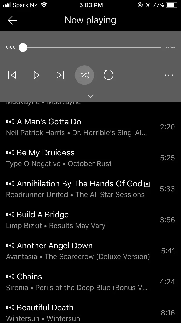 Groove's shuffled Now playing queue, every visible track title starting with A, B or C