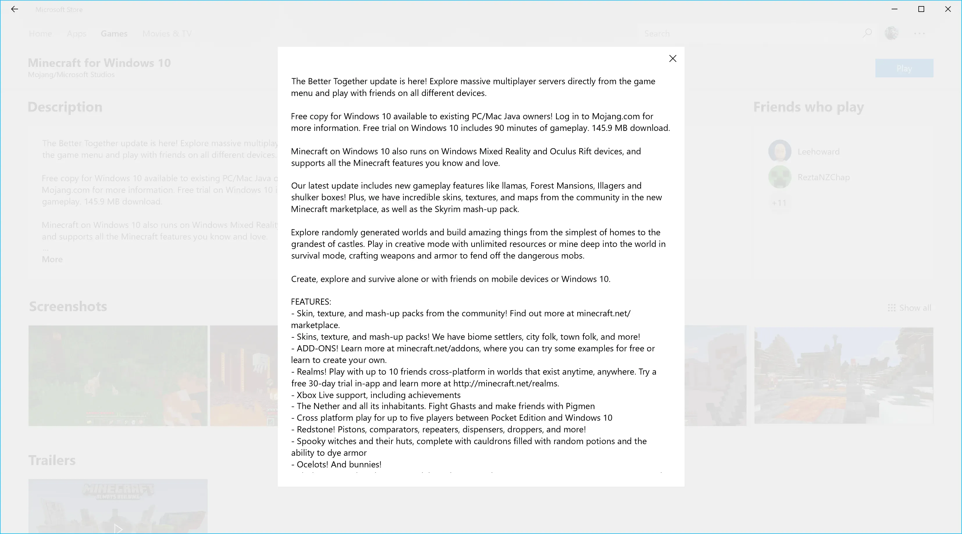 The Minecraft listing greyed out behind a popup holding the full app description