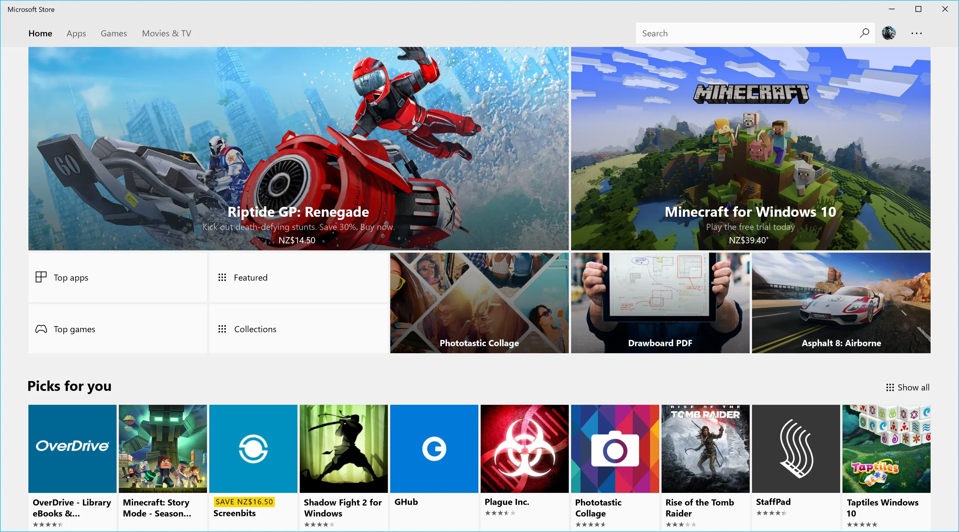 Microsoft Store home in Windows 10, Riptide GP and Minecraft banners above a Picks for you row