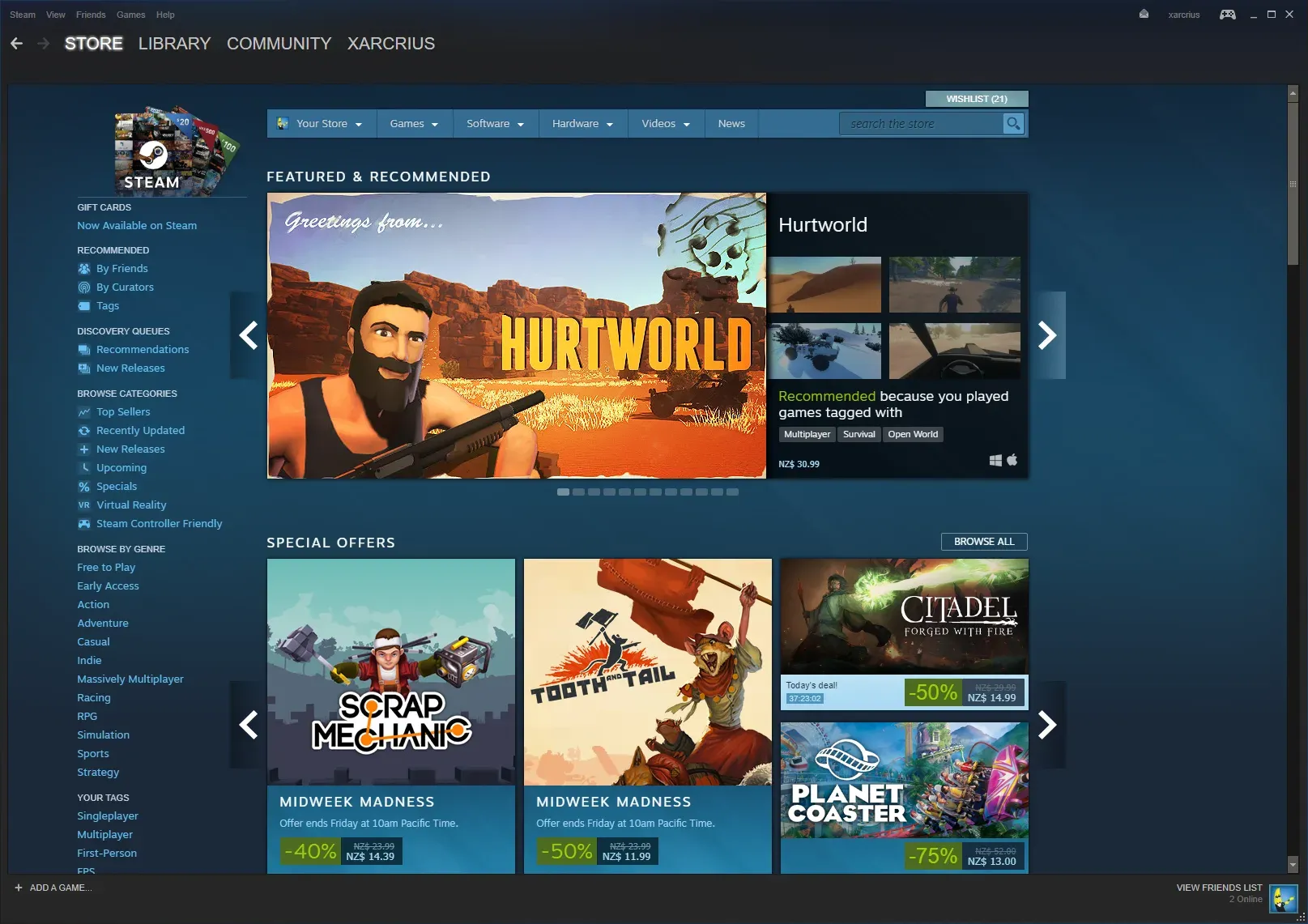 Steam store front, Hurtworld featured above a row of discounted Midweek Madness offers
