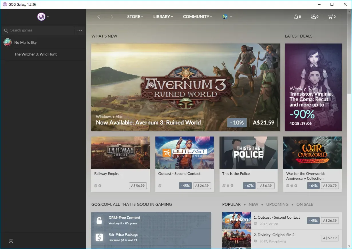 GOG Galaxy store, Avernum 3 heading What's New with a Latest Deals column beside it