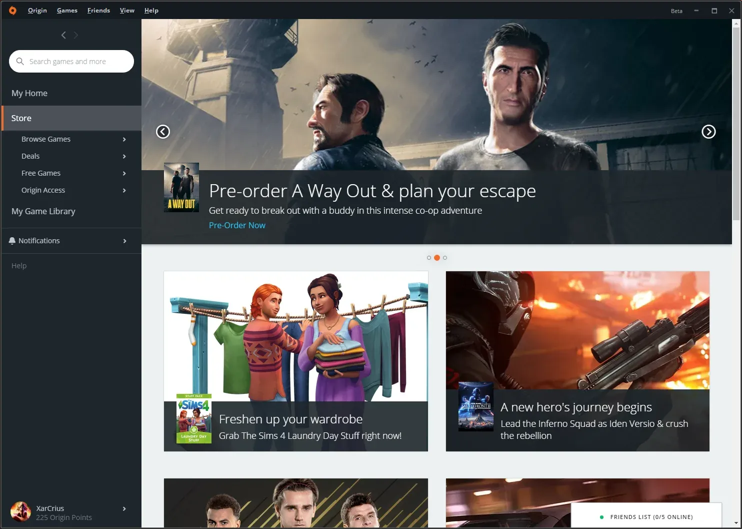 Origin store with a Pre-order A Way Out banner above Sims 4 and Battlefront tiles