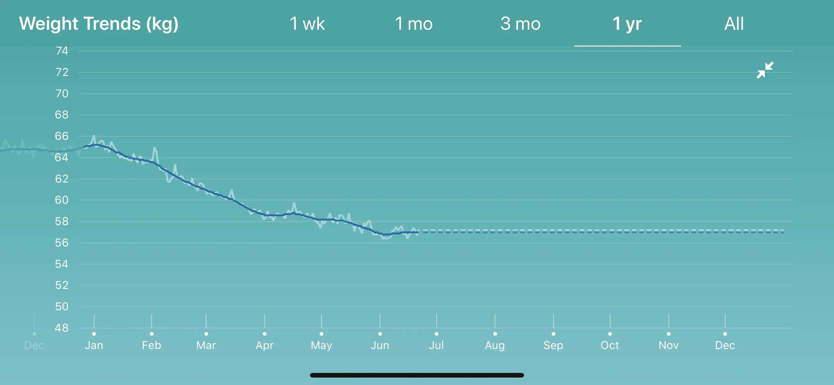 The same weight chart over a full year: 65kg in January falling steadily to 57 by June, then flat.