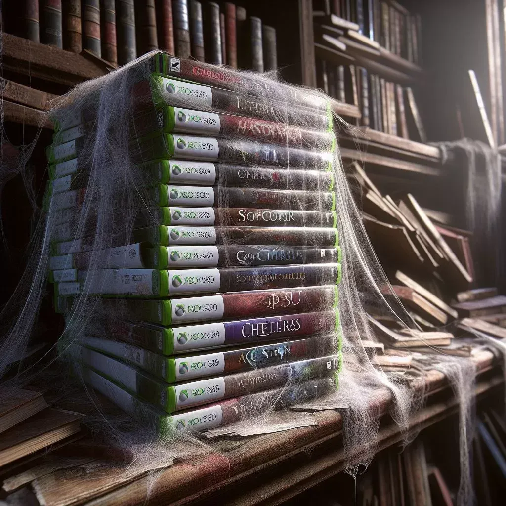 Xbox 360 cases stacked on a shelf under a shroud of cobwebs, rows of old books behind them