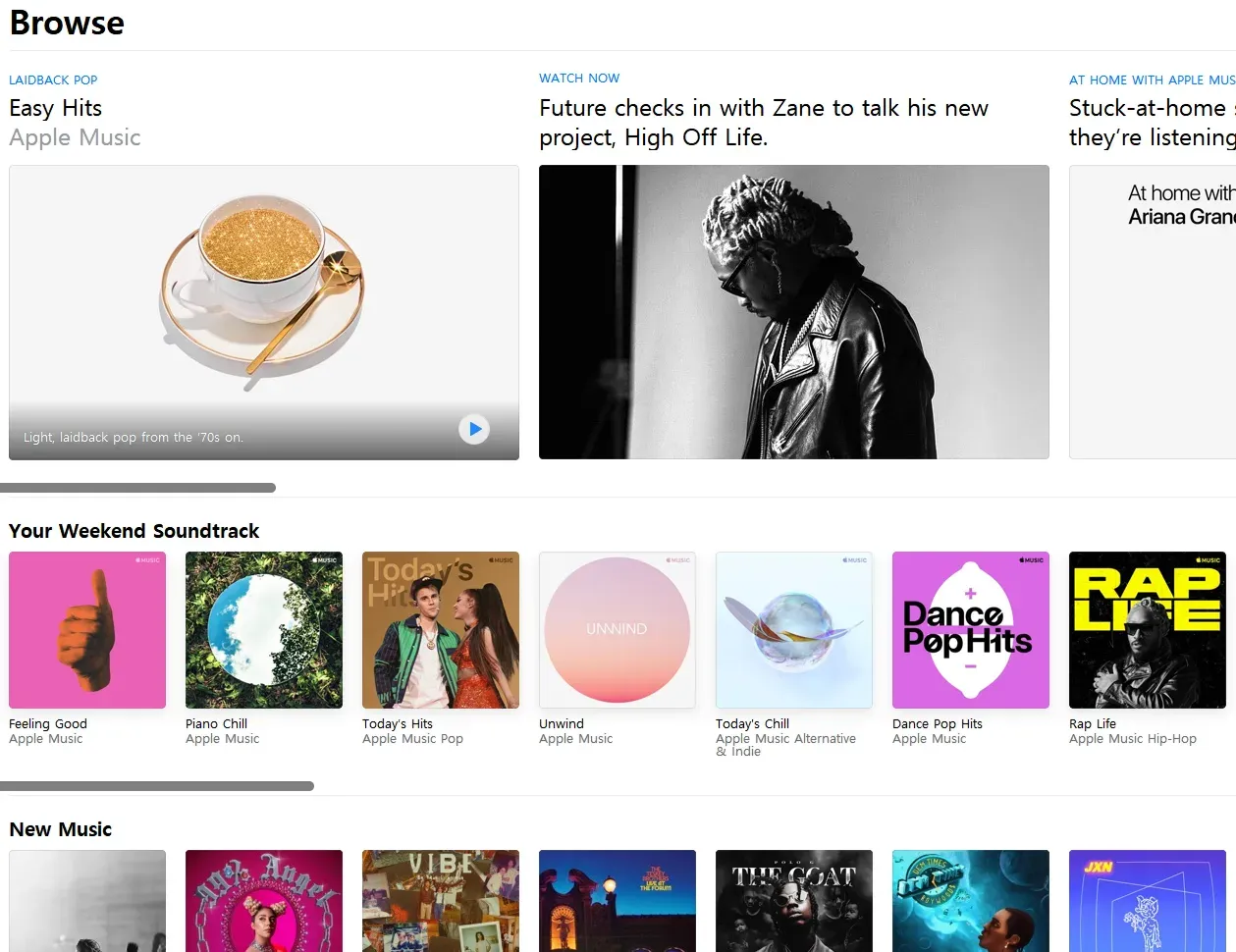 Desktop Browse showing Easy Hits, a Future interview, and a Weekend Soundtrack row of pop playlists