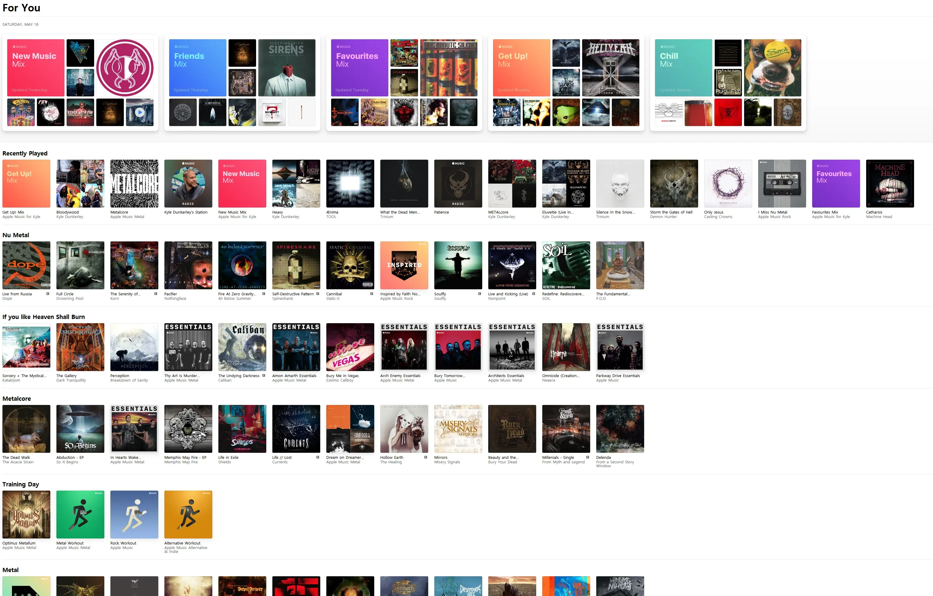 Desktop For You with five mixes across the top, then Recently Played, Nu Metal and Metalcore rows
