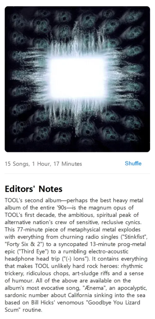 Editors' Notes on Tool's Ænima, 15 songs, calling it perhaps the best heavy metal album of the '90s