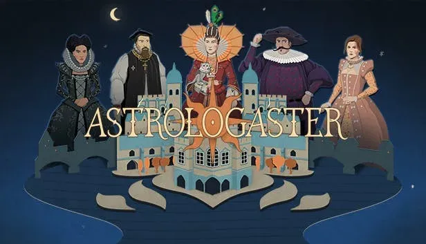 Five Elizabethan figures in ruffs posed around a paper-cutout Tudor palace under a crescent moon