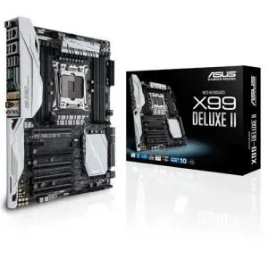 White and silver motherboard standing upright beside its retail box