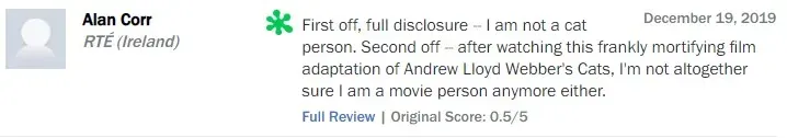 Rotten Tomatoes rotten review from Alan Corr, RTE, 0.5/5: not sure he's a movie person after this mortifying film