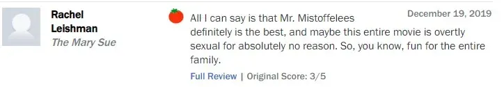 Rotten Tomatoes fresh review from Rachel Leishman, The Mary Sue, 3/5: overtly sexual for absolutely no reason