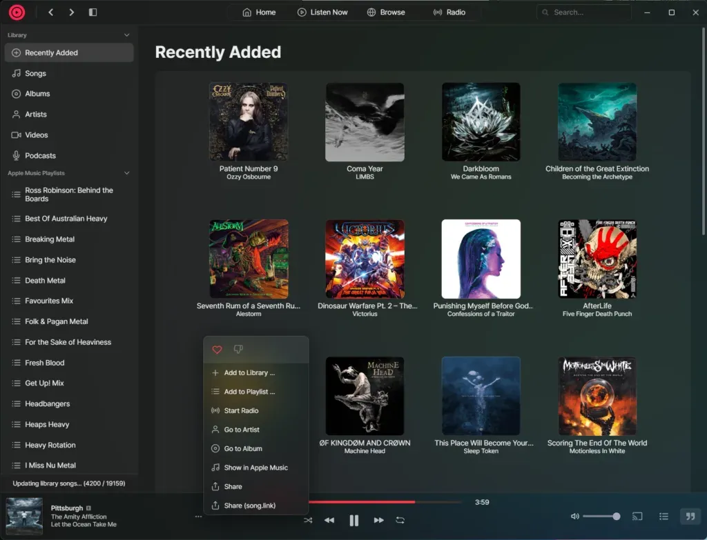 Recently Added album grid with a right-click menu open: Add to Library, Start Radio, Go to Artist, Share