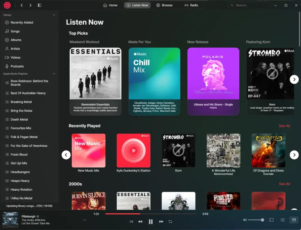 Cider's Listen Now page with Top Picks, Recently Played and a 2000s row of album art