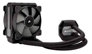 Thick 120 mm radiator and fan joined by braided tubing to a rounded pump block