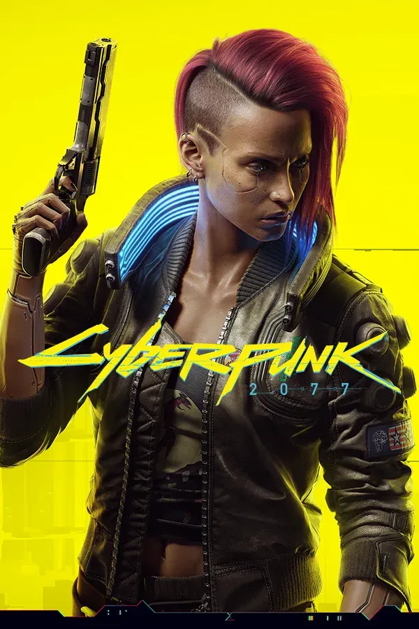 A woman with a red undercut holding a pistol upright, neon-lined jacket, flat yellow background