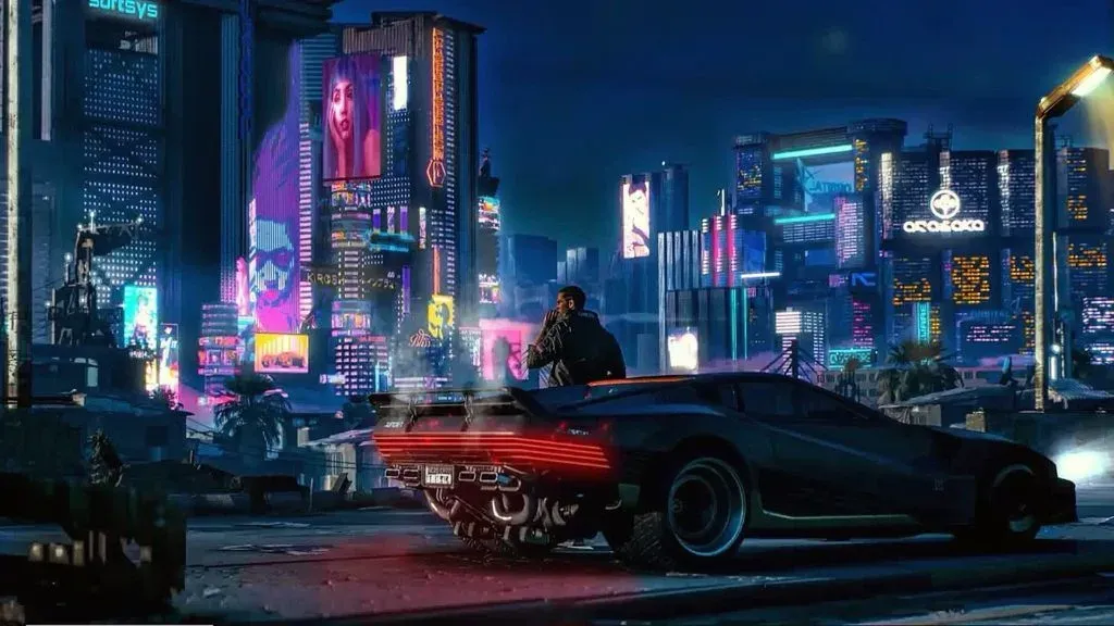 V leaning on a black sports car, smoking, above Night City's neon skyline with the Arasaka sign glowing
