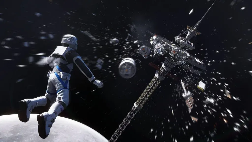 Astronaut drifting in space towards a broken orbital structure, debris scattered above the Moon