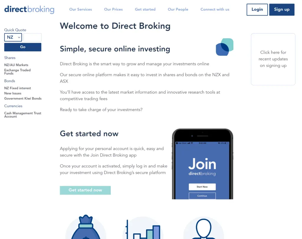 The Direct Broking home page, headed "Simple, secure online investing", offering shares and bonds on the NZX and ASX, with a Get started now button and a phone showing the Join Direct Broking app.