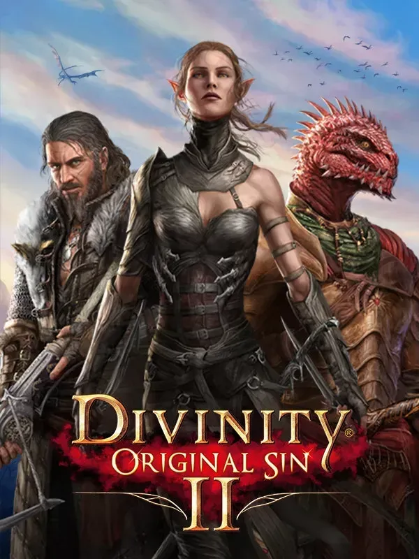 A bearded warrior, an armoured elf and a red lizardfolk shoulder to shoulder under a dragon-flecked sky