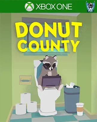 Donut County Xbox One cover, a raccoon sitting on a toilet using a laptop in a green bathroom