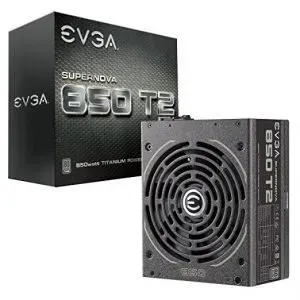 Black EVGA power supply next to its box, marked 850 W Titanium