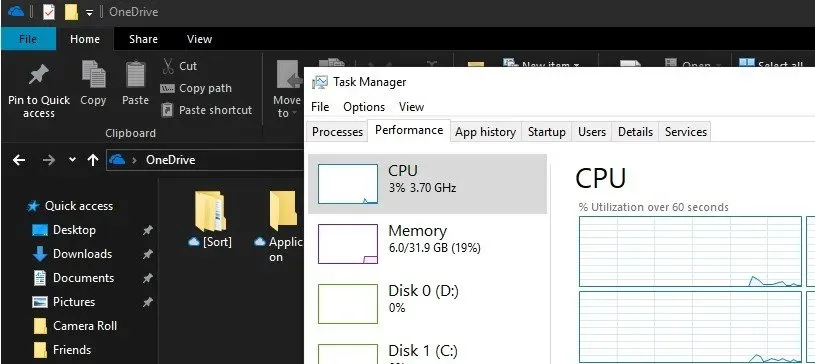 Bright white Task Manager on the Performance tab sitting over a dark grey File Explorer window