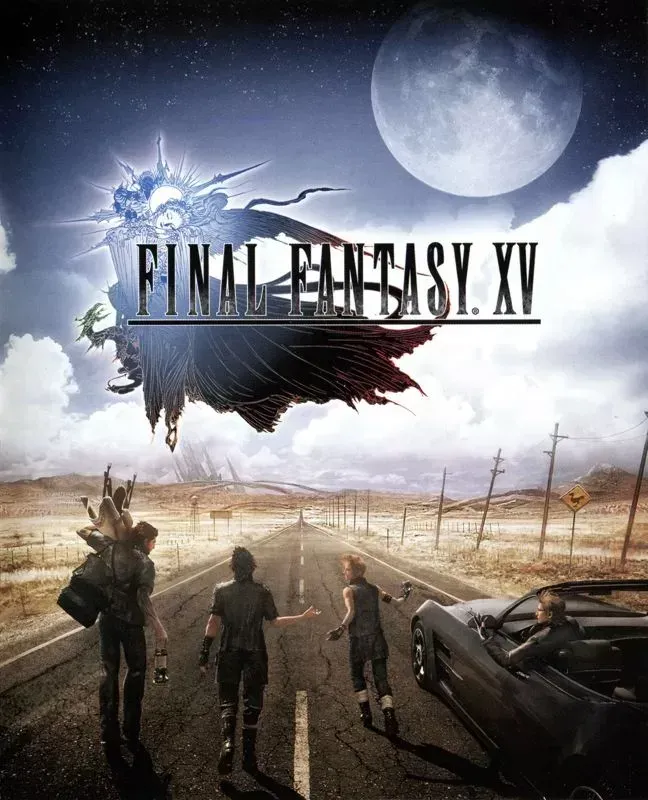 Four young men walking a desert highway past a stalled black convertible, an oversized moon above