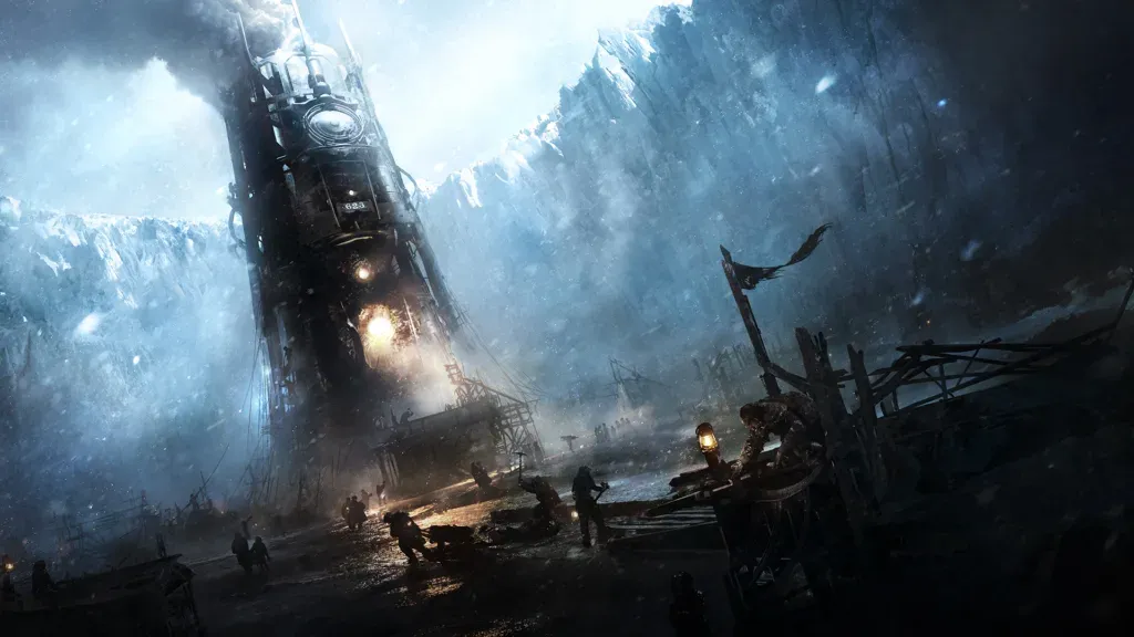 Workers hauling supplies around a towering coal generator in an icy crater as a blizzard blows through