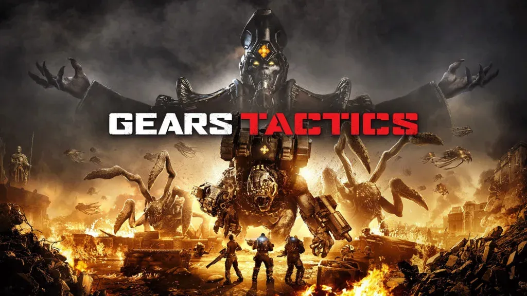 A masked Locust figure looming over a gun-mounted beast while three Gears soldiers stand in burning ruins