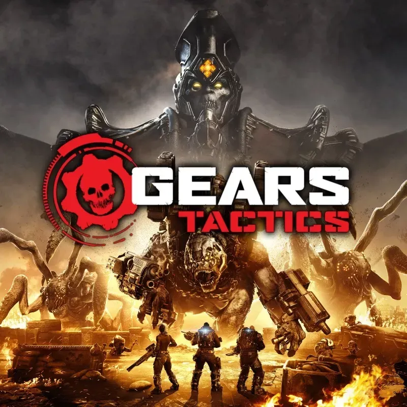 Armoured soldiers braced in firelight below a looming skull-masked commander and clawed monsters