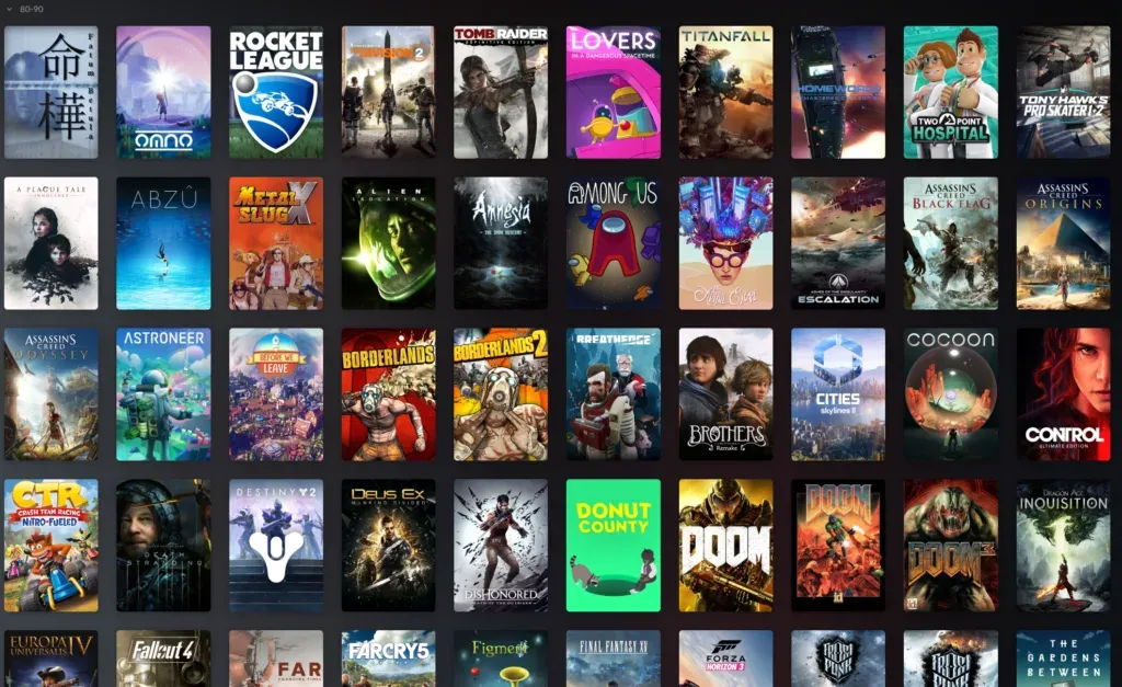 The 80-90 band of the same library, roughly fifty covers from Rocket League to Fallout 4