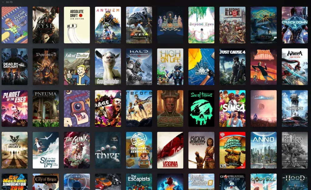 The 50-70 band, the biggest group, running from Anthem and Goat Simulator to The Sims 4