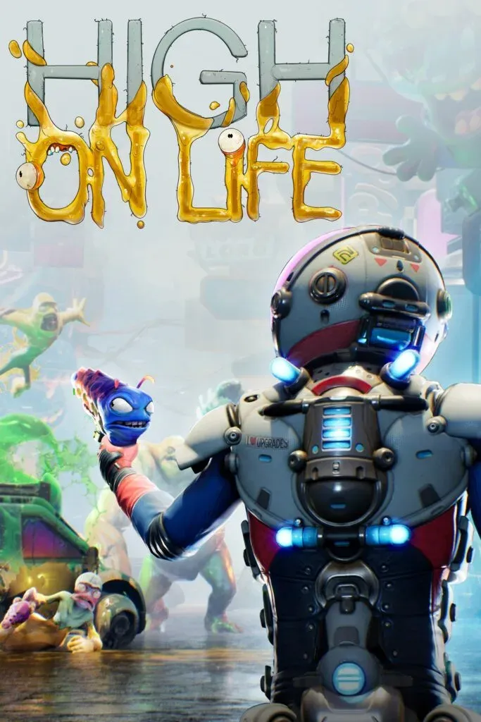 Cover art: an armoured bounty hunter holding a grinning blue talking gun, green aliens behind, title in dripping goo
