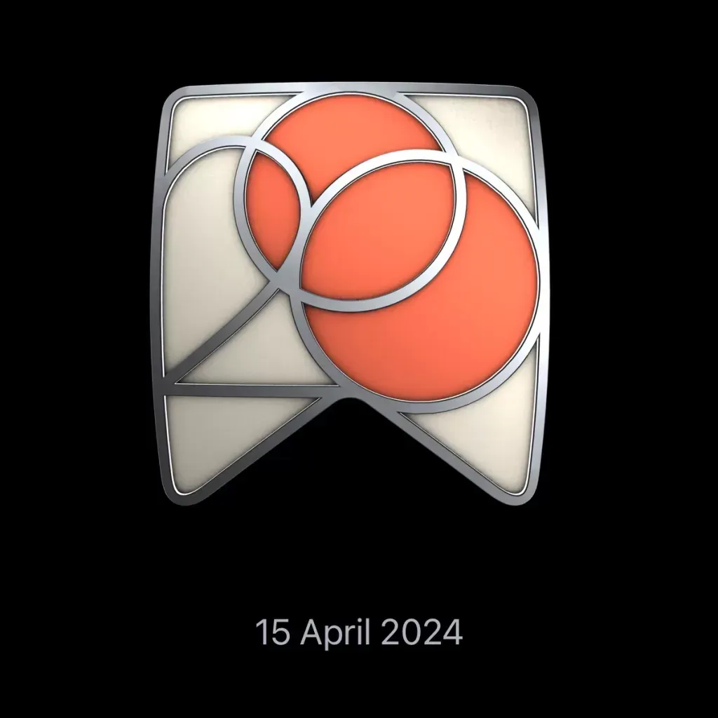 Apple Watch award, overlapping orange circles on a cream shield, dated 15 April 2024