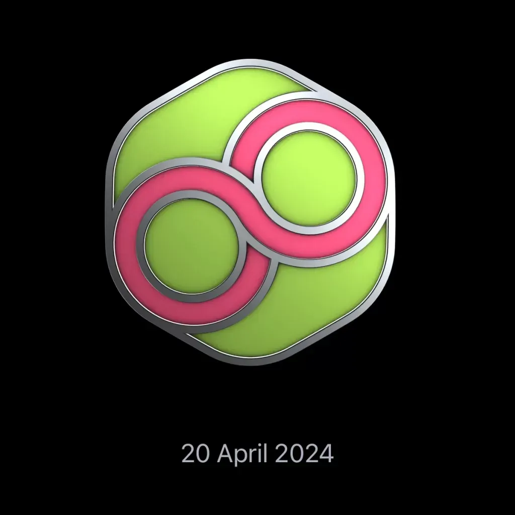 Apple Watch award, two linked pink rings on a green hexagon, dated 20 April 2024