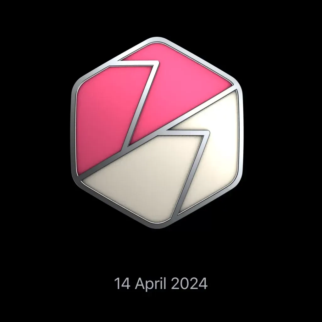 Apple Watch award, a pink and cream hexagon split by a bolt, dated 14 April 2024