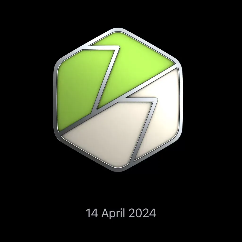 Apple Watch award, a green and cream hexagon split by a bolt, dated 14 April 2024