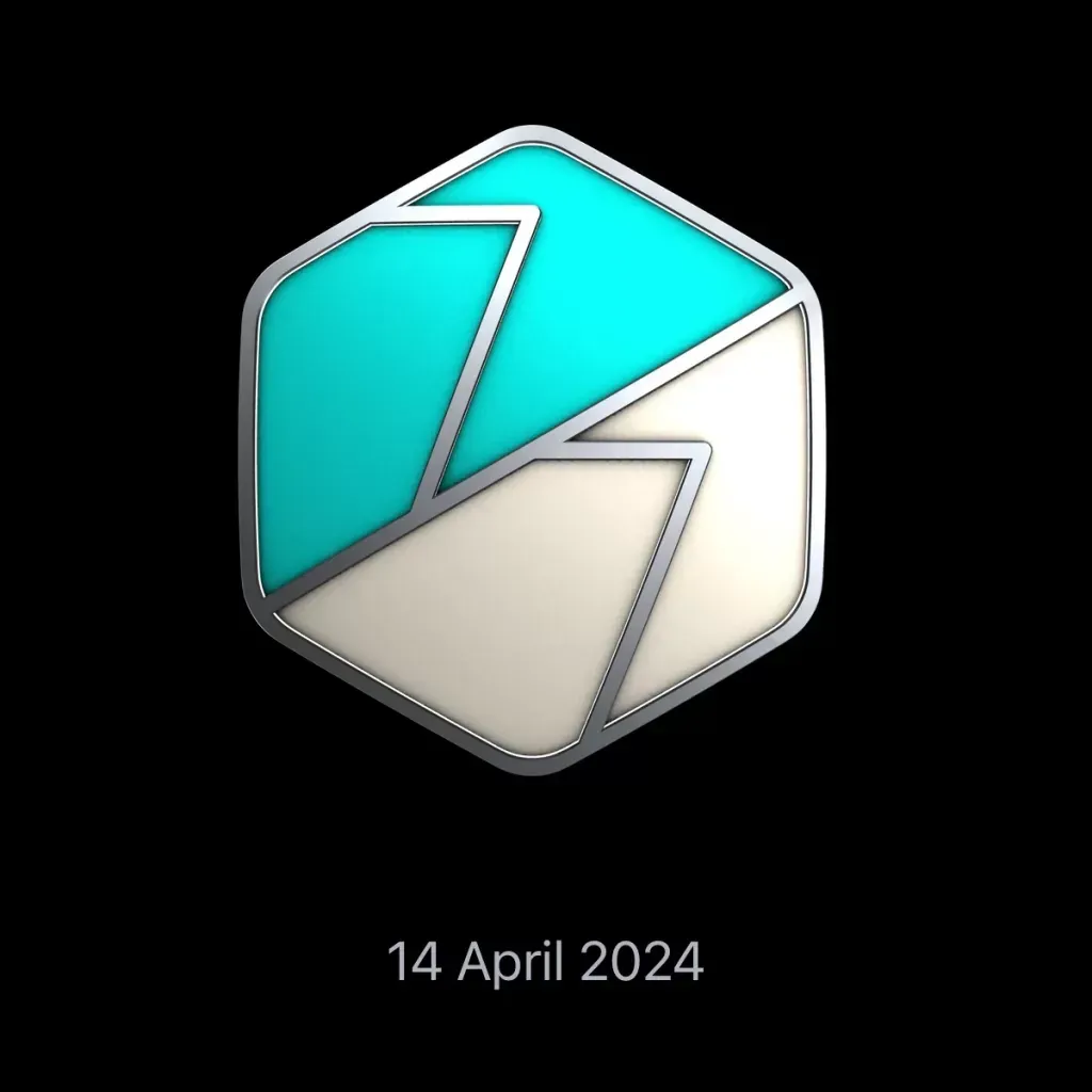 Apple Watch award, a teal and cream hexagon split by a bolt, dated 14 April 2024