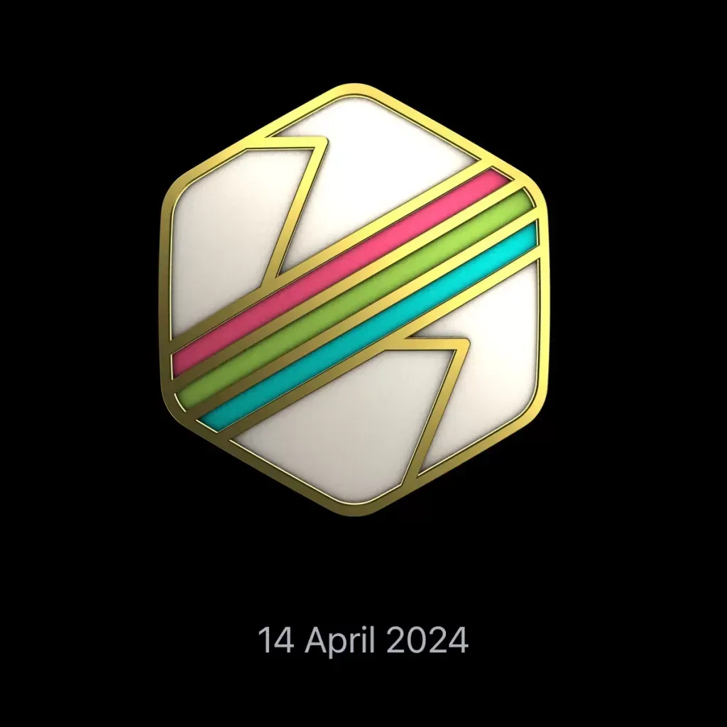 Gold Apple Watch award, a pink, green and teal stripe across a white hexagon, dated 14 April 2024