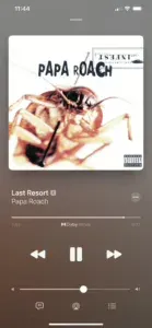 Apple Music playing Last Resort by Papa Roach, Dolby Atmos marked beneath a nearly finished scrubber
