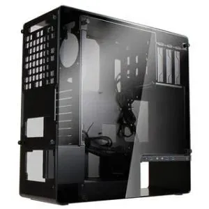 The same case empty, black steel with a dark glass side over a bare interior