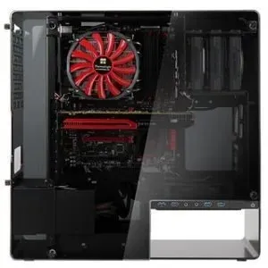 The case with a build inside, a red cooler fan and red-lit board showing through the tinted glass
