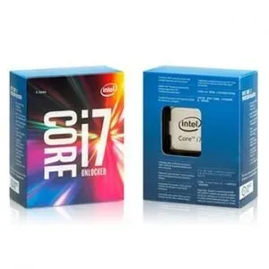 Blue Intel Core i7 Unlocked retail box shown front and back, the chip itself set into the rear panel