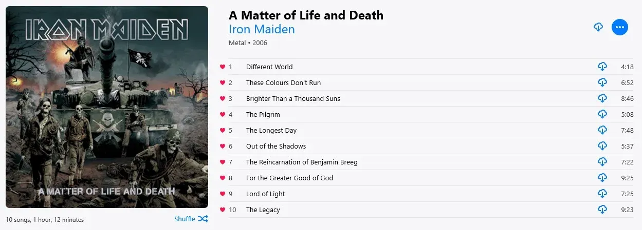 Apple Music album page with all ten tracks hearted, from Different World to the 9:23 closer The Legacy