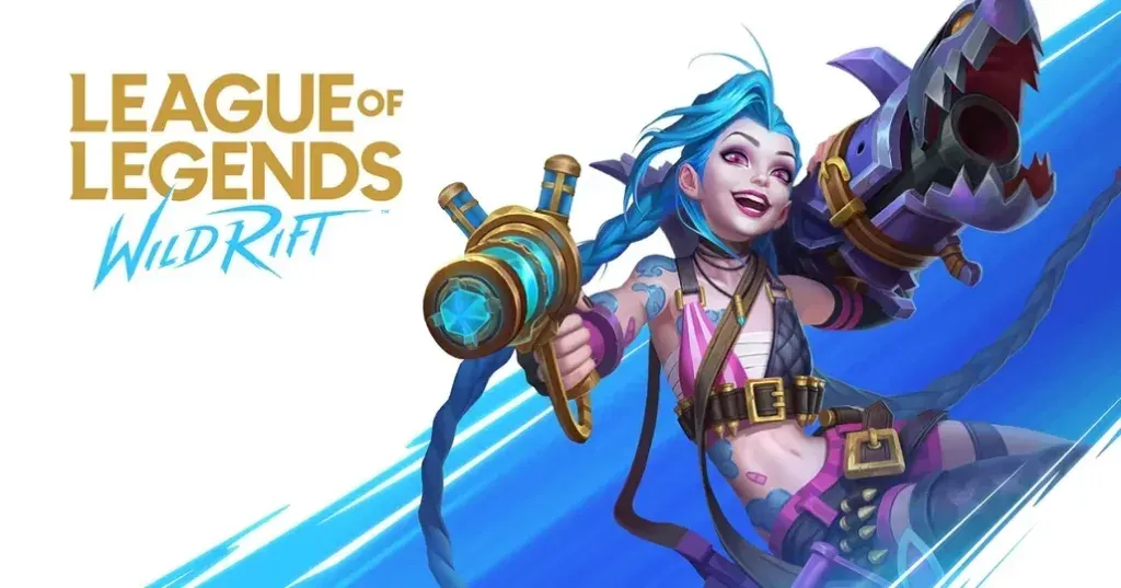 Key art: Jinx, blue braids flying, lunging with her shark-mouthed rocket launcher across blue streaks