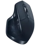 The same navy mouse from above, ridged scroll wheel and the shelf of the thumb rest
