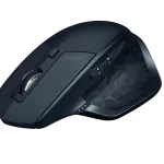 Dark navy Logitech mouse side on, thumb wheel set into the sculpted thumb rest