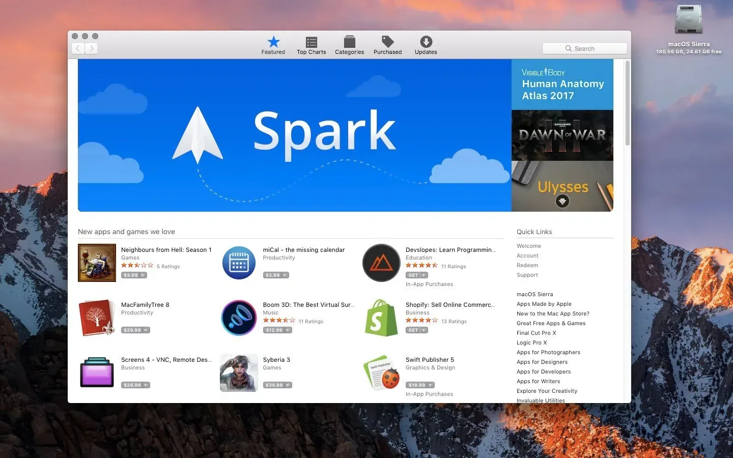 Mac App Store on the Featured tab, a Spark banner above New apps and games we love