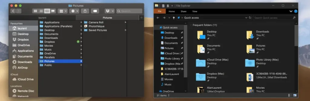 macOS Finder beside Windows 10 File Explorer, both in a near-identical dark grey